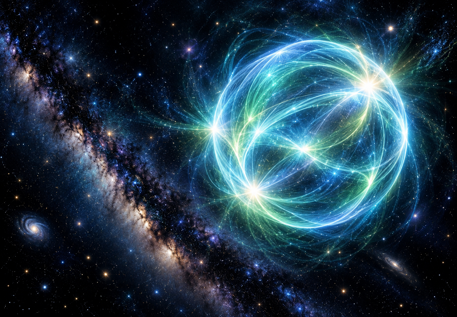 A luminous sphere of interconnected light and energy against a cosmic backdrop, representing the Entities' presence in the universe