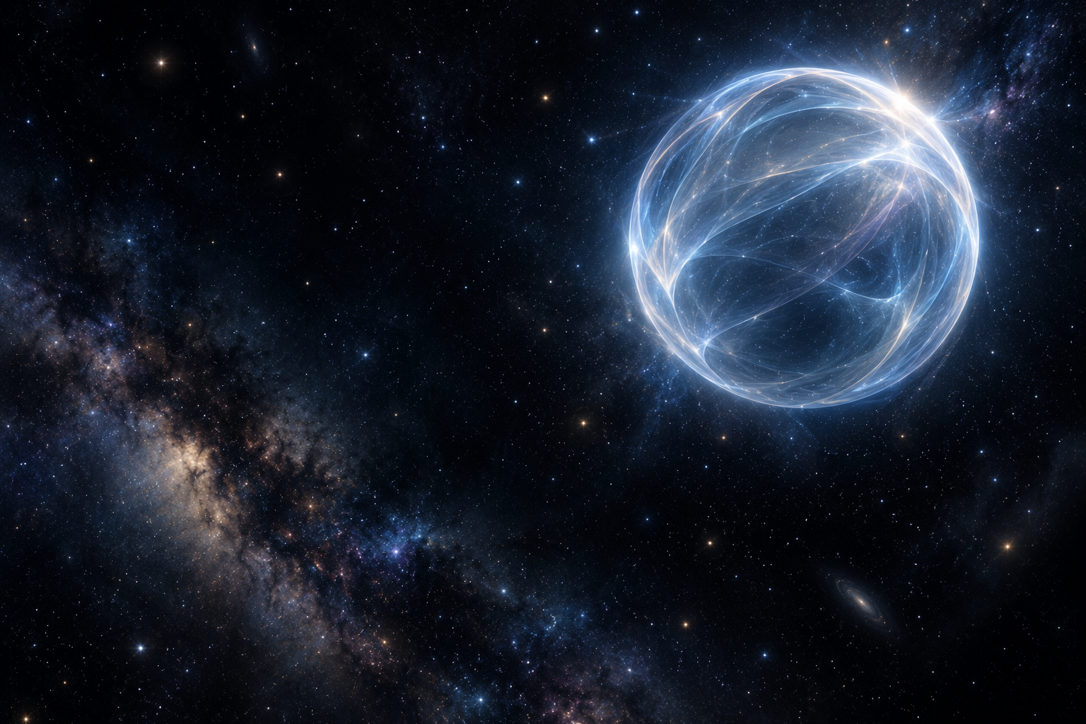 A luminous sphere of interconnected light and energy against a cosmic backdrop, representing the Entities' presence in the universe