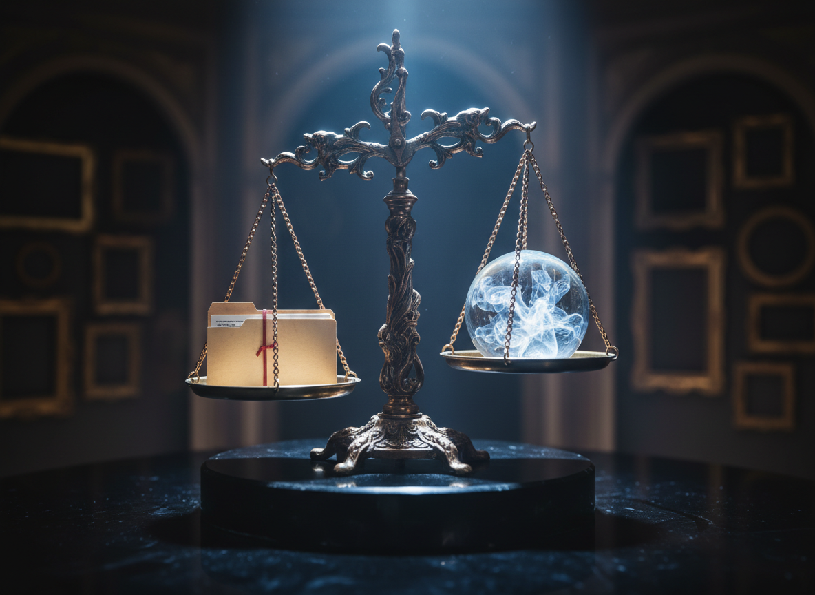 An ornate, antique balance scale sits on a polished black stone plinth in a shadowed chamber whose walls are lined with empty picture frames. In one brass pan rests a small, unmarked case file folder; in the other, a faintly glowing crystal sphere filled with swirling smoke that occasionally forms geometric, angelic shapes before dissolving. A thin beam of cold, overhead light isolates the scale from the darkness, creating sharp highlights on the metal and deep, velvety shadows everywhere else. The mood is solemn and metaphysical, evoking the moral weight of safeguarding innocence against vast, unseen forces. Shot in close-up with a cinematic macro lens, the background falls into a luxurious blur, emphasizing texture, reflection, and the tension between legal procedure and mystery.