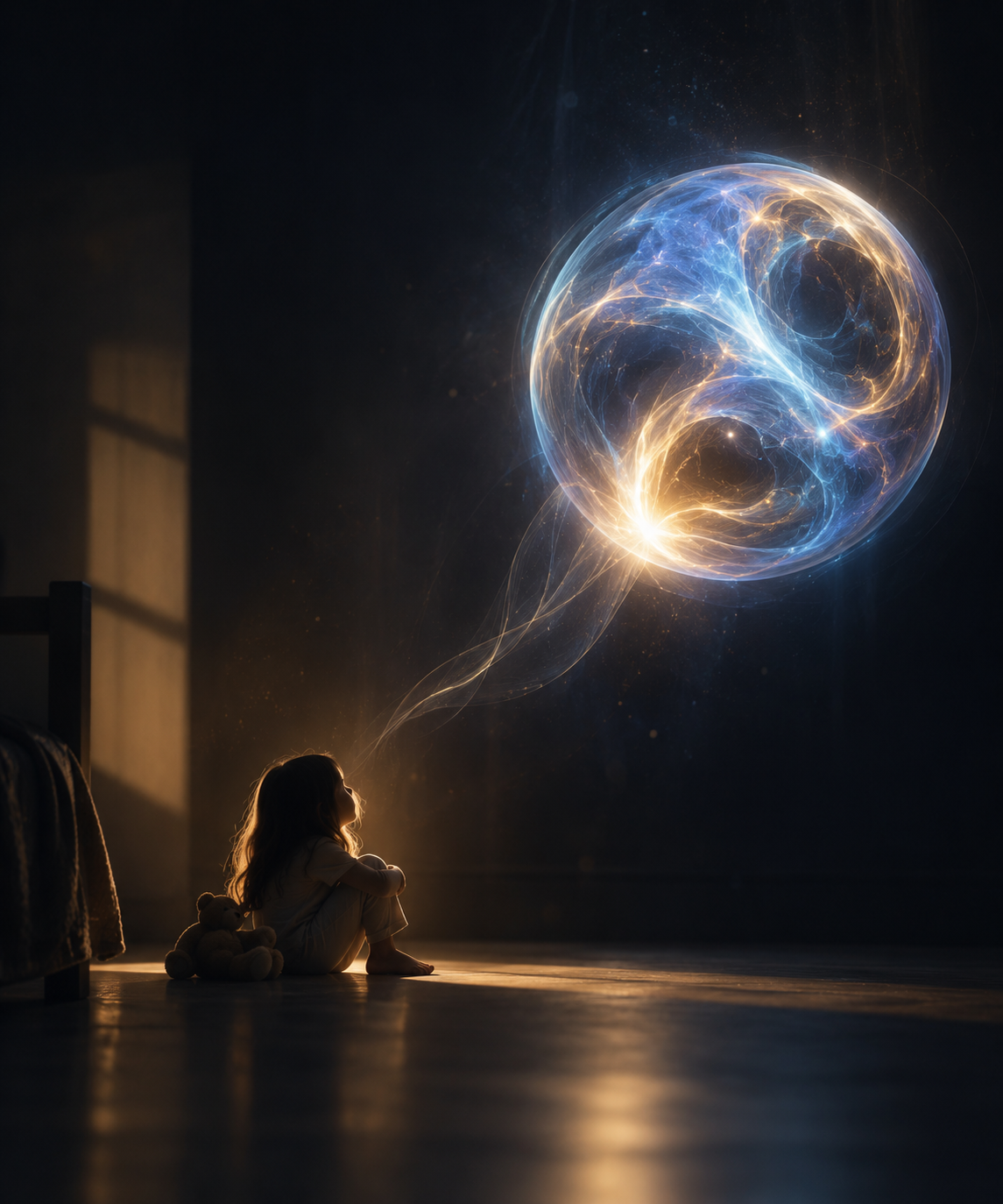 A child sits alone on a darkened floor, silhouetted against the dim light, holding a small teddy bear while gazing up at a luminous, swirling orb of energy — gold and blue light spiraling in the darkness above her. The scene evokes the presence of an Entity observing, protecting, and bearing witness to a child's vulnerability. The atmosphere is cinematic, mysterious, and deeply tender.
